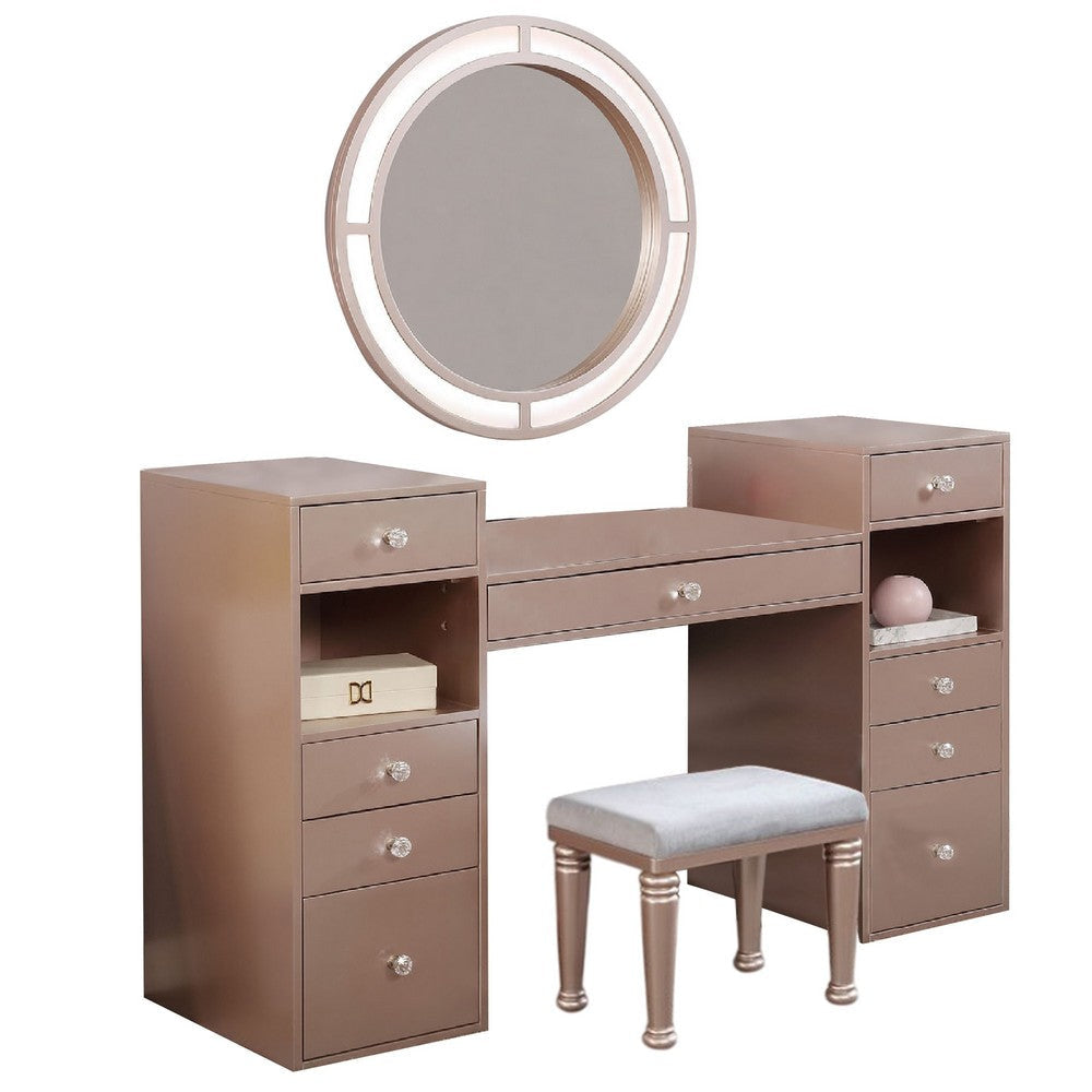Yezy 3pc Vanity LED Mirror Desk Set with Padded Stool | Blush Pink