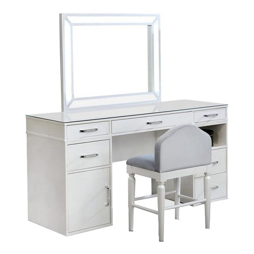 Moe 3 pcs Vanity Set | Desk, Stool and Mirror | Glass Top | White