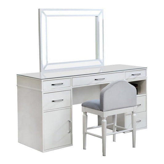 Moe 3 pcs Vanity Set | Desk, Stool and Mirror | Glass Top | White