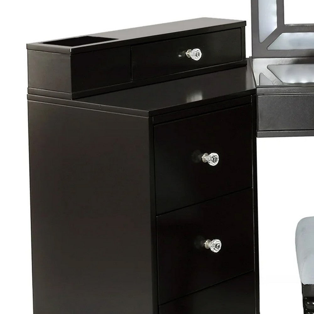 Gena 3pc Vanity Set with Stool | Glass Top Table | LED Mirror | Obsidian Gray BM340354