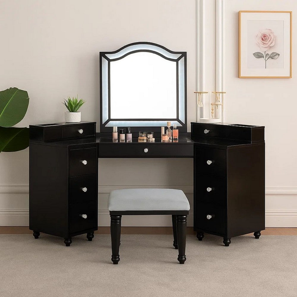 Gena 3pc Vanity Set with Stool | Glass Top Table | LED Mirror | Obsidian Gray