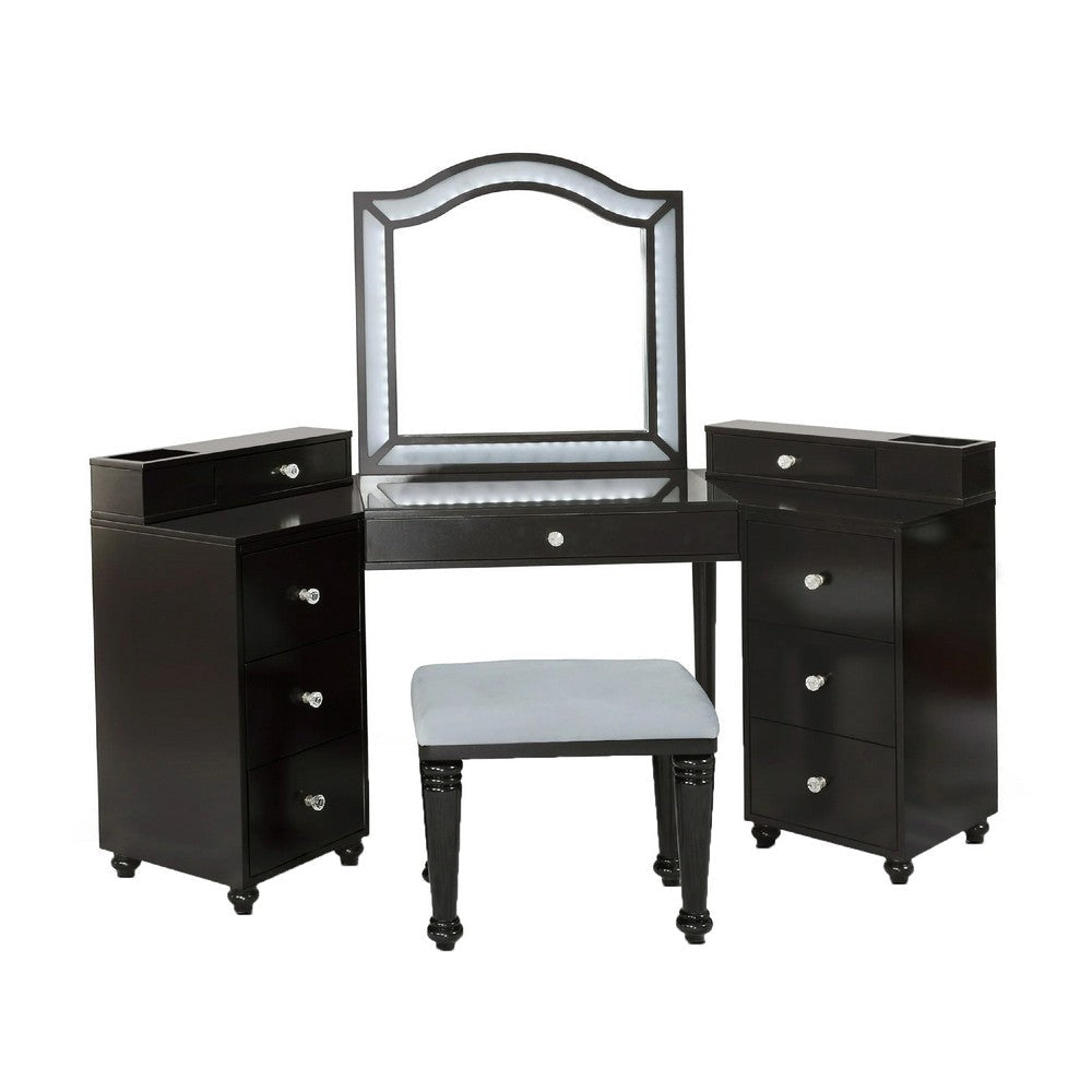 Gena 3pc Vanity Set with Stool | Glass Top Table | LED Mirror | Obsidian Gray