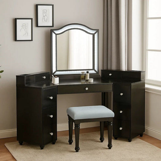 Gena 3pc Vanity Set with Stool | Glass Top Table | LED Mirror | Obsidian Gray