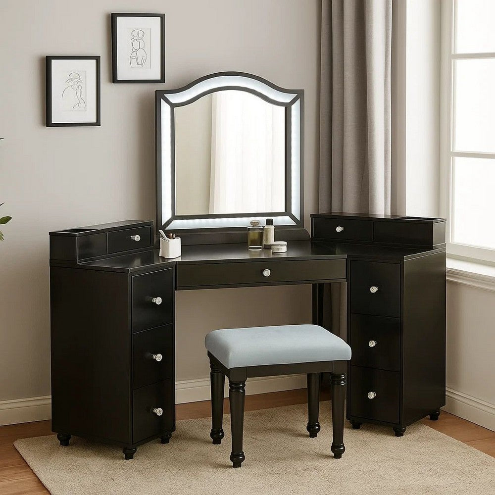 Gena 3pc Vanity Set with Stool | Glass Top Table | LED Mirror | Obsidian Gray
