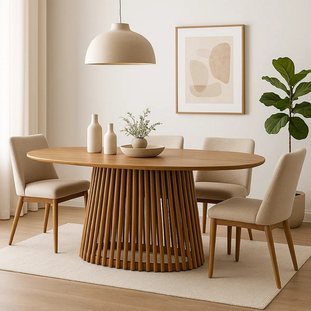 Lev Dining Table | 79" Oval Top | Pedestal Base | Natural Brown Wood