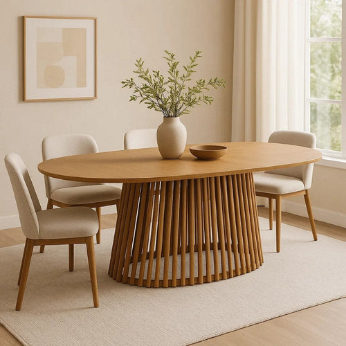 Lev Dining Table | 79" Oval Top | Pedestal Base | Natural Brown Wood
