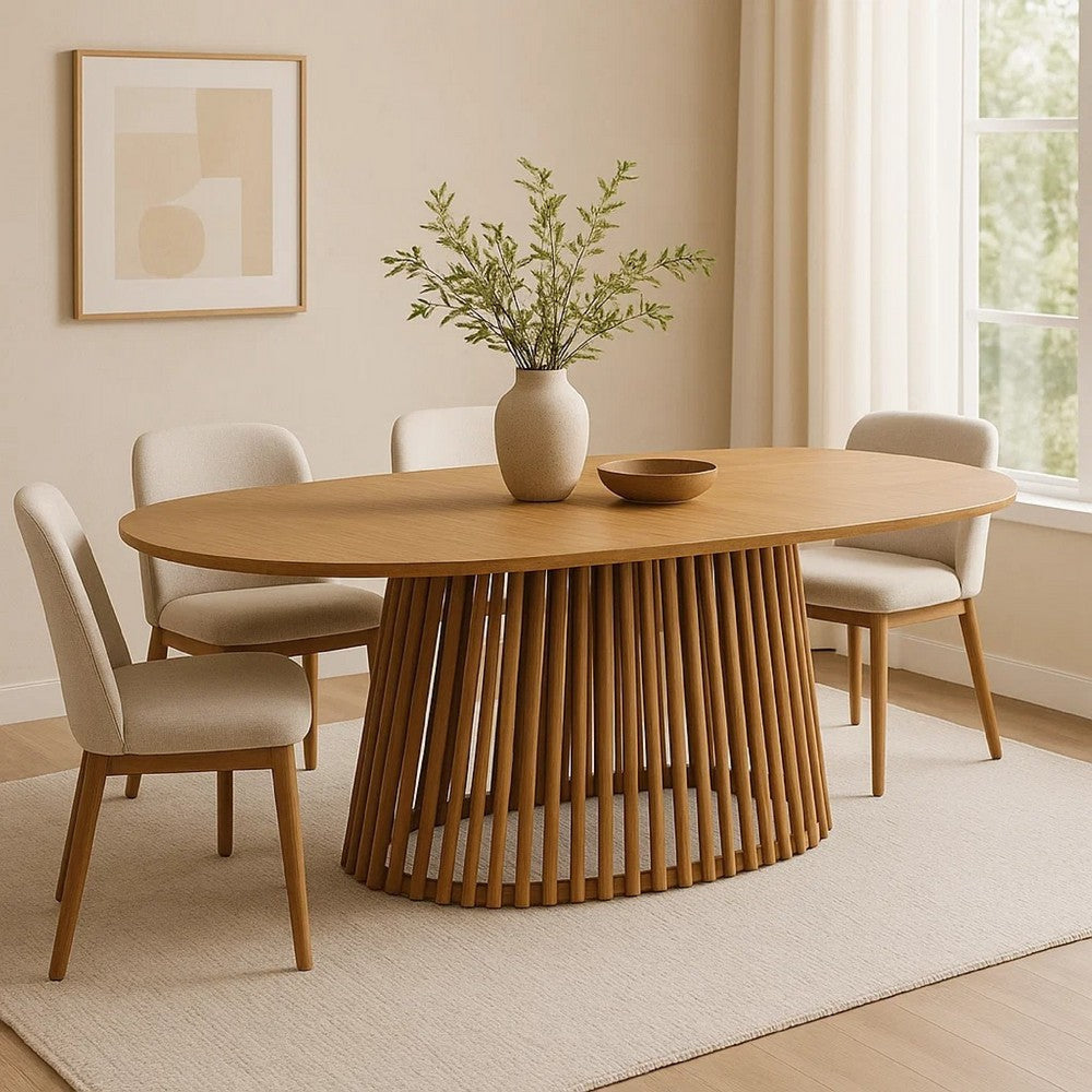 Lev Dining Table | 79" Oval Top | Pedestal Base | Natural Brown Wood