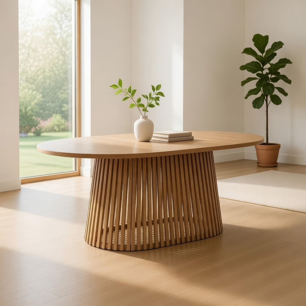 Lev Dining Table | 79" Oval Top | Pedestal Base | Natural Brown Wood