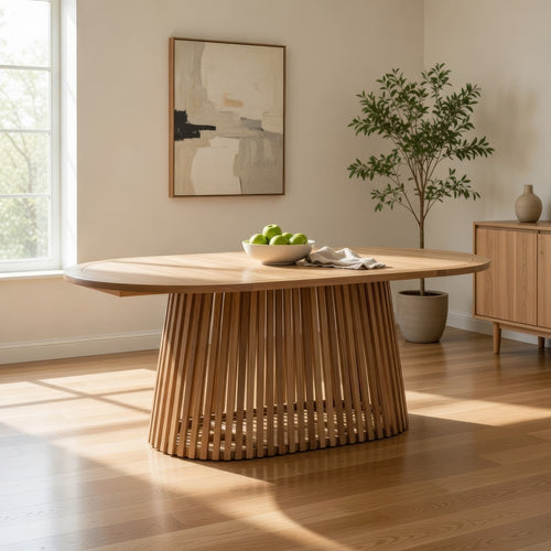 Lev Dining Table | 79" Oval Top | Pedestal Base | Natural Brown Wood
