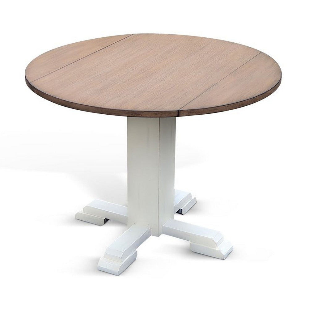 Lemy Round Dining Table w Drop Leaves | 40" Dark Brown Top | White