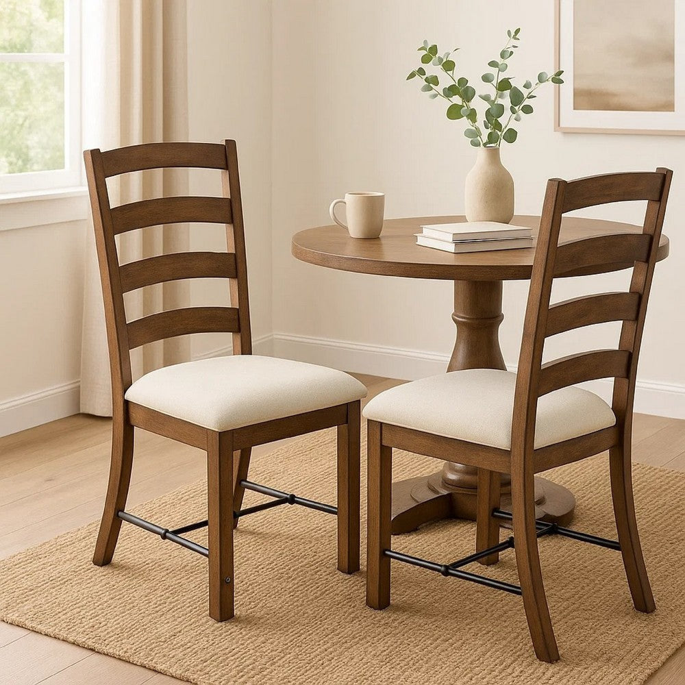 Yael Ladderback Dining Chair Set of 2 | White Seat | Brown Solid Mahogany BM340363