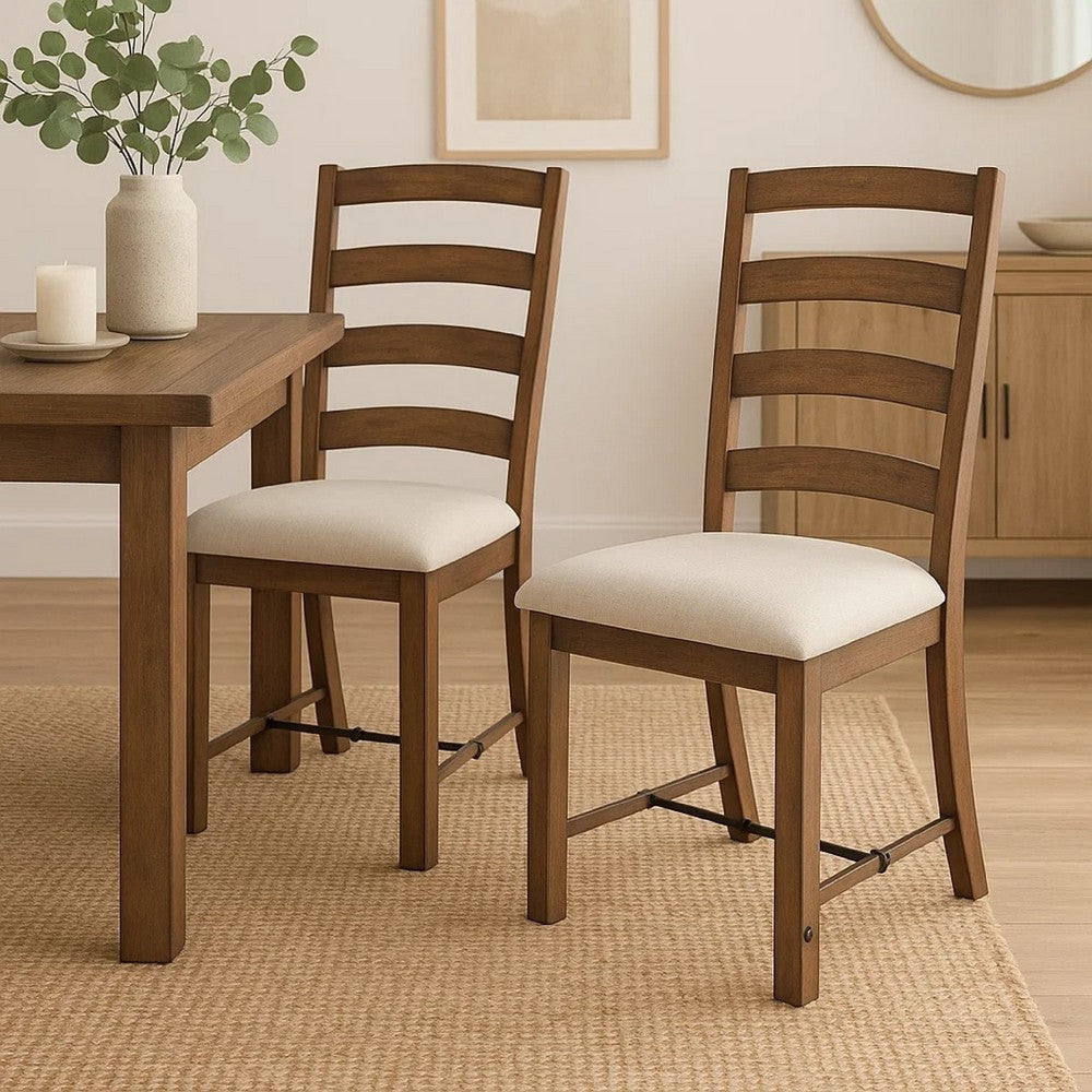 Yael Ladderback Dining Chair Set of 2 | White Seat | Brown Solid Mahogany BM340363