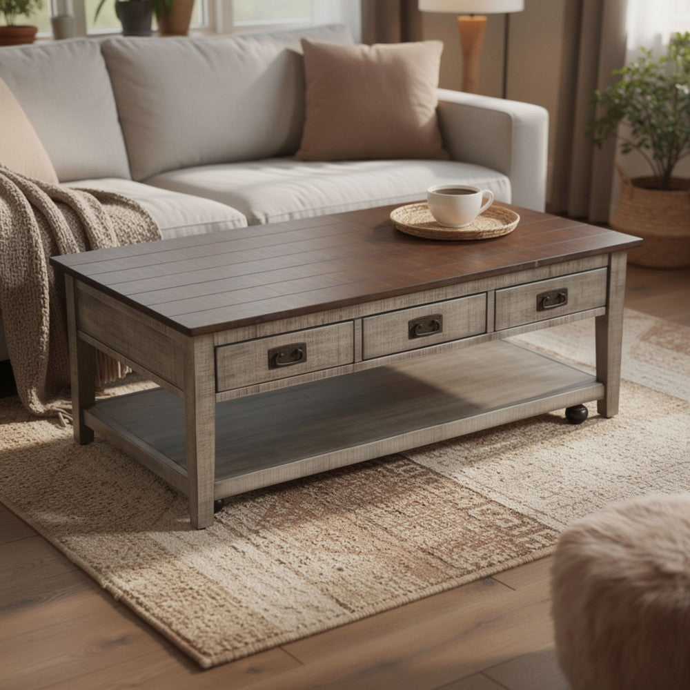 Camie Coffee Table | 48" Top | 3 Drawers | Gray Solid Mahogany