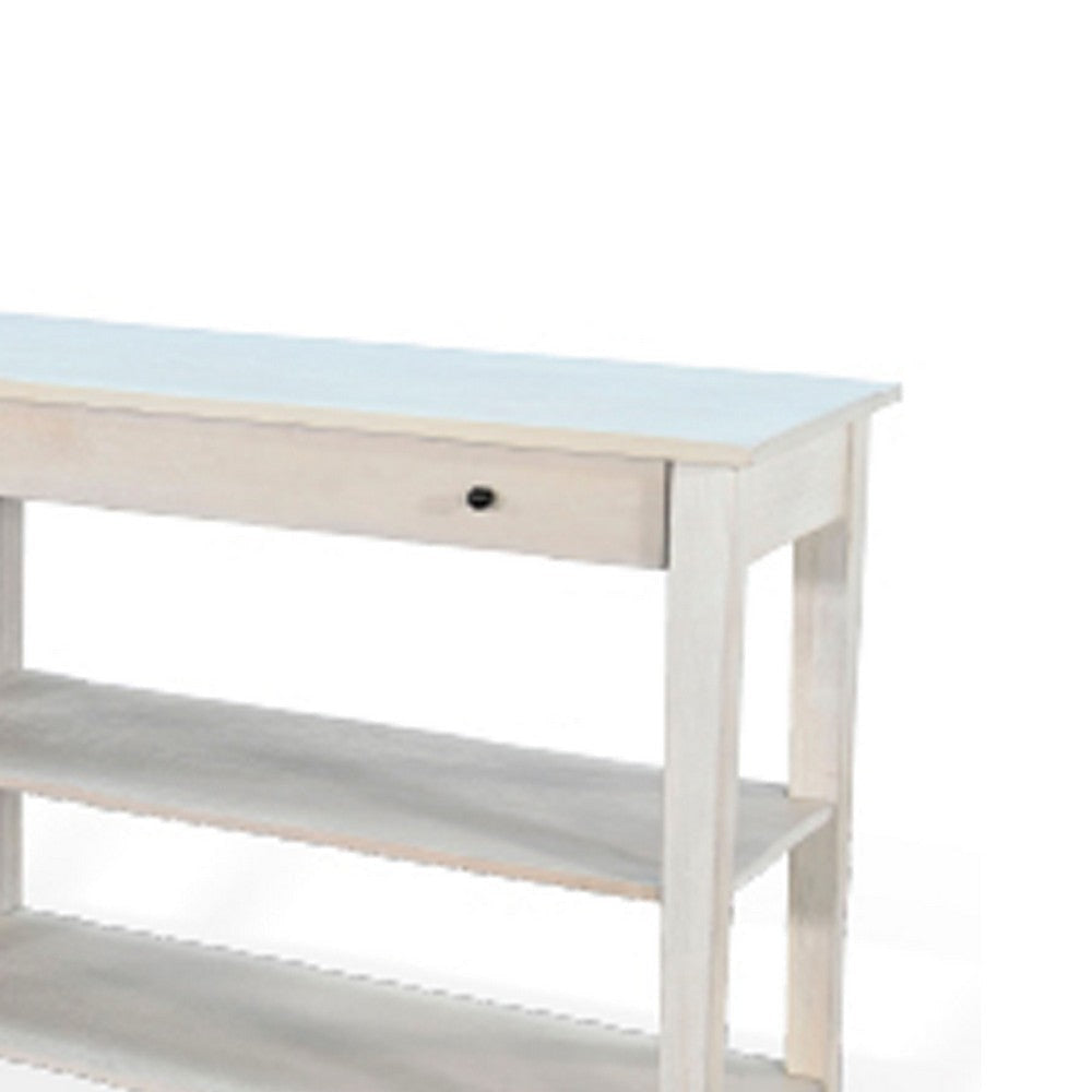 Meny Sofa Console Table | 71’’ w Shelves | Light Gray Solid Wood BM340376