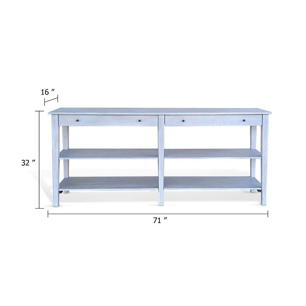 Meny Sofa Console Table | 71’’ w Shelves | Light Gray Solid Wood BM340376