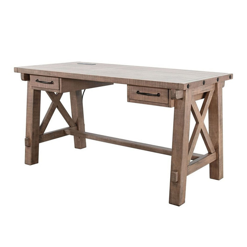Anva Writing Desk | 58’’ w Power Plug | Natural Brown Solid Mahogany