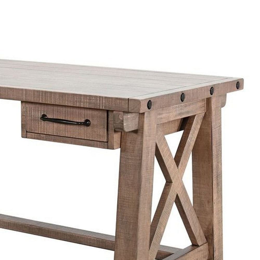 Anva Writing Desk | 58’’ w Power Plug | Natural Brown Solid Mahogany