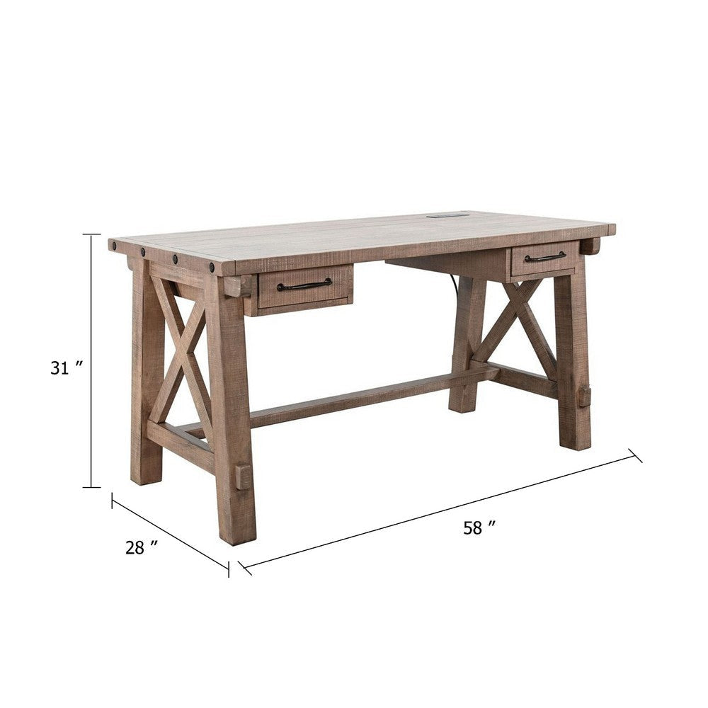 Anva Writing Desk | 58’’ w Power Plug | Natural Brown Solid Mahogany