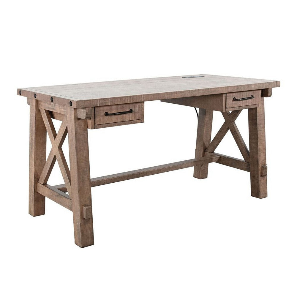 Anva Writing Desk | 58" w Power Plug | Natural Brown Solid Mahogany