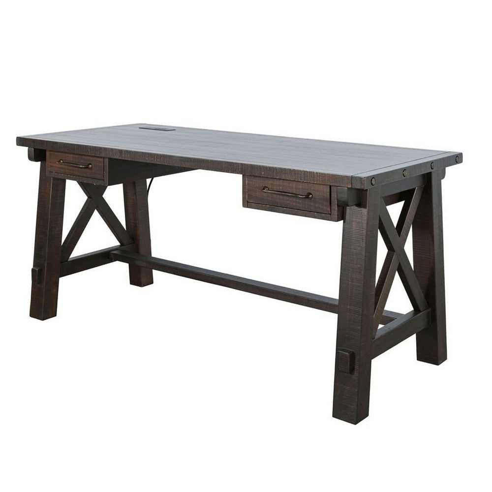 Anva Writing Desk | 58’’ w Power Plug | Dark Brown Solid Mahogany