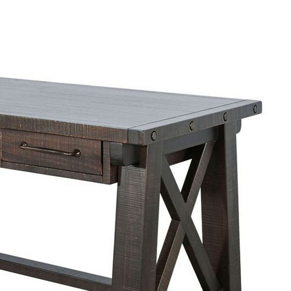 Anva Writing Desk | 58’’ w Power Plug | Dark Brown Solid Mahogany