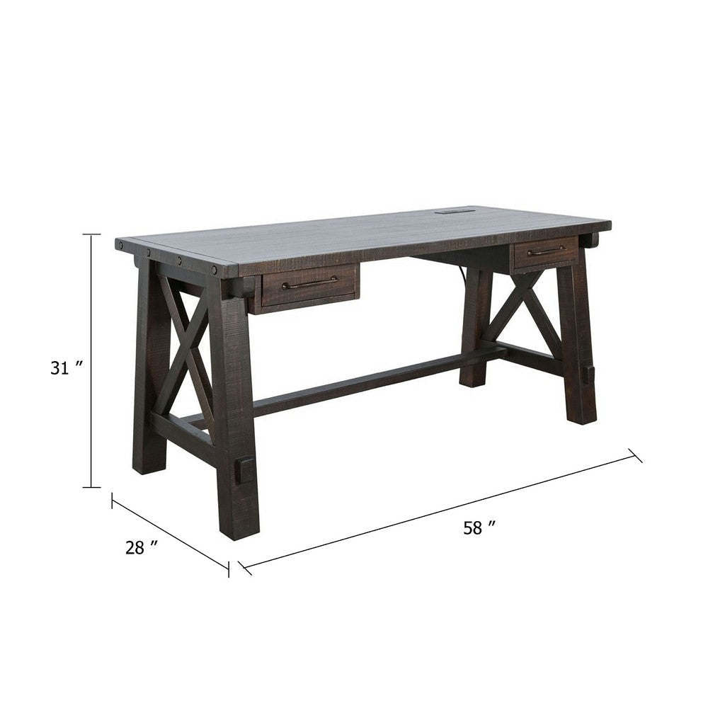 Anva Writing Desk | 58’’ w Power Plug | Dark Brown Solid Mahogany