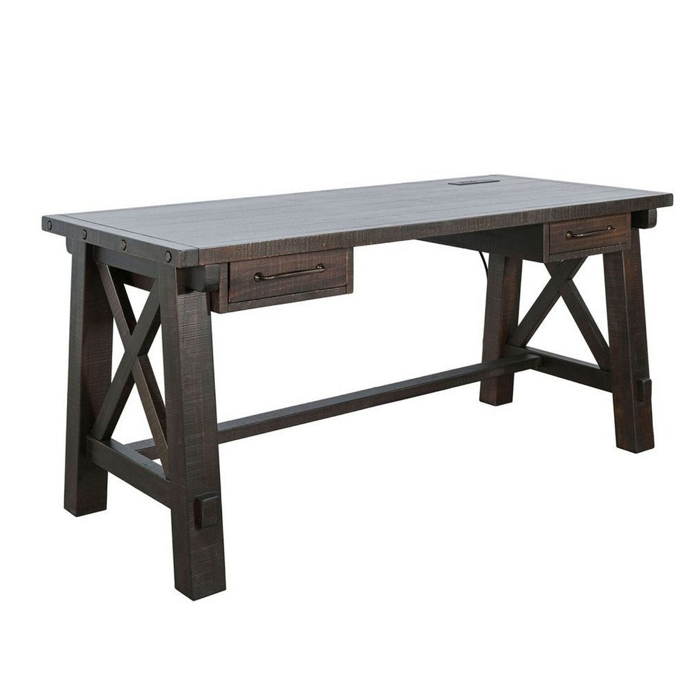 Anva Writing Desk | 58" w Power Plug | Dark Brown Solid Mahogany
