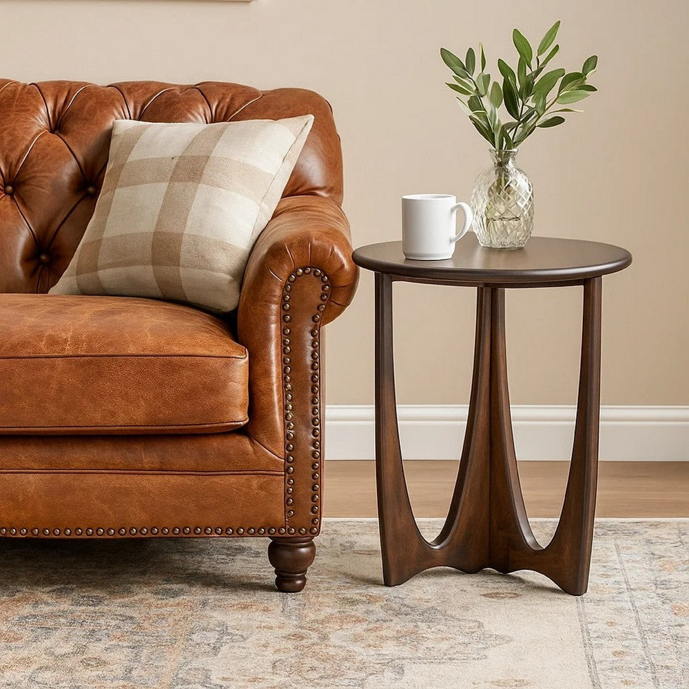 Natra Side End Table | 26" Round | Cutout Base | Dark Brown Solid Wood
