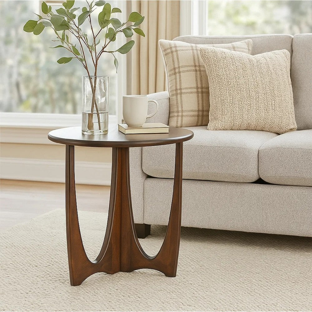 Natra Side End Table | 26" Round | Cutout Base | Dark Brown Solid Wood