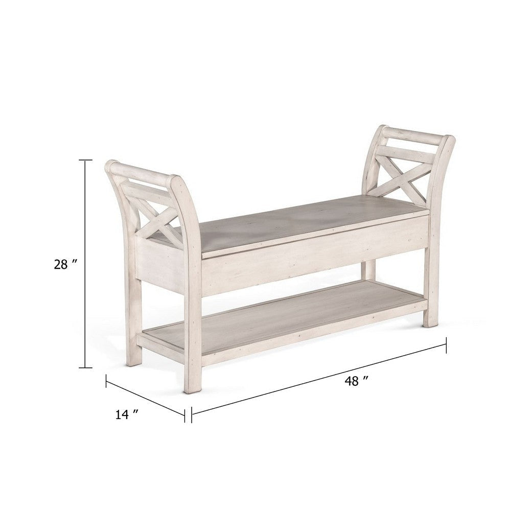 Demi 48’’ Storage Bench | Lower Shelf | Rustic White Solid Wood BM340386