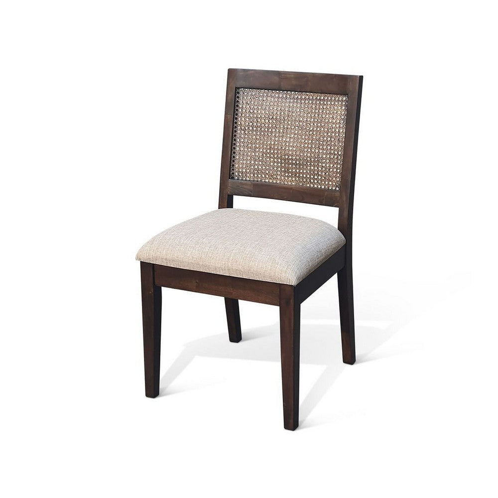Zemi Dining Chair Set of 2 | Rattan Back | Beige | Dark Brown Solid Wood