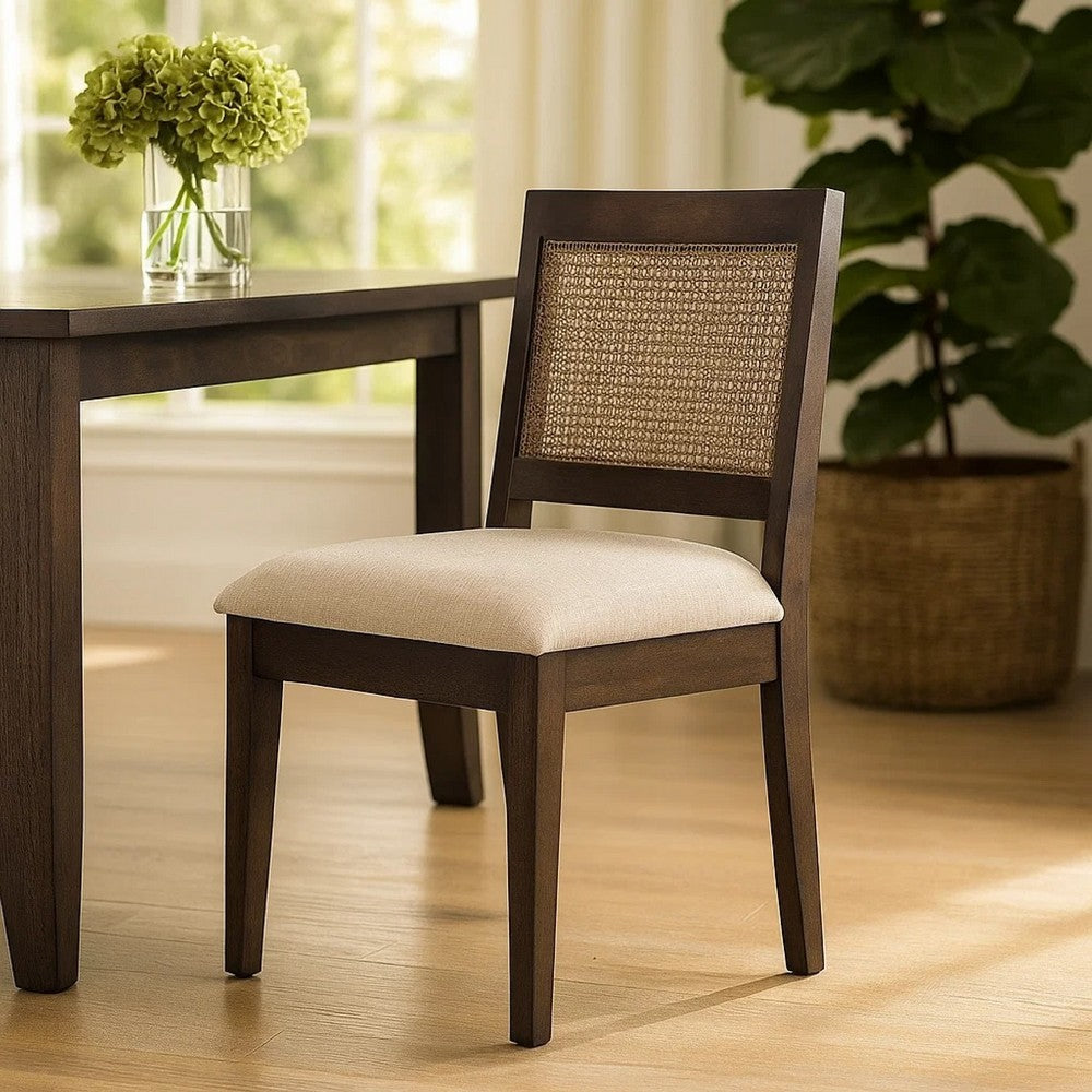 Zemi Dining Chair Set of 2 | Rattan Back | Beige | Dark Brown Solid Wood