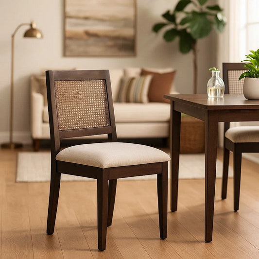Zemi Dining Chair Set of 2 | Rattan Back | Beige | Dark Brown Solid Wood