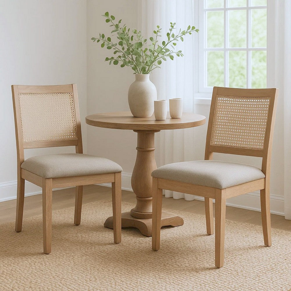 Zemi Dining Chair Set of 2 | Rattan | Beige | Natural Brown Solid Wood