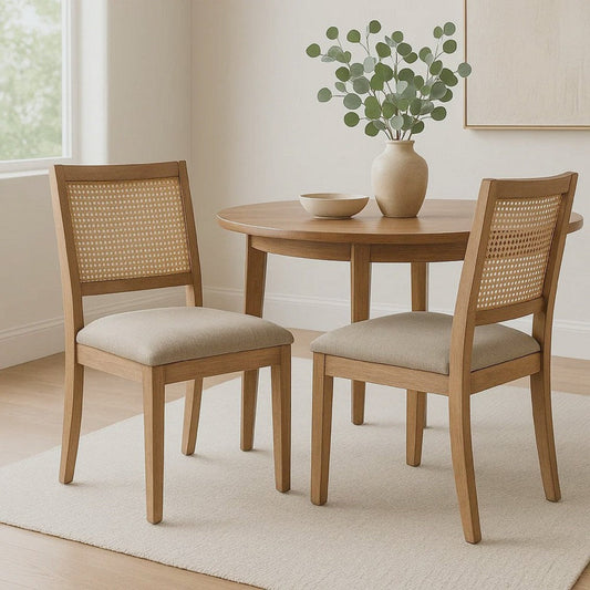 Zemi Dining Chair Set of 2 | Rattan | Beige | Natural Brown Solid Wood