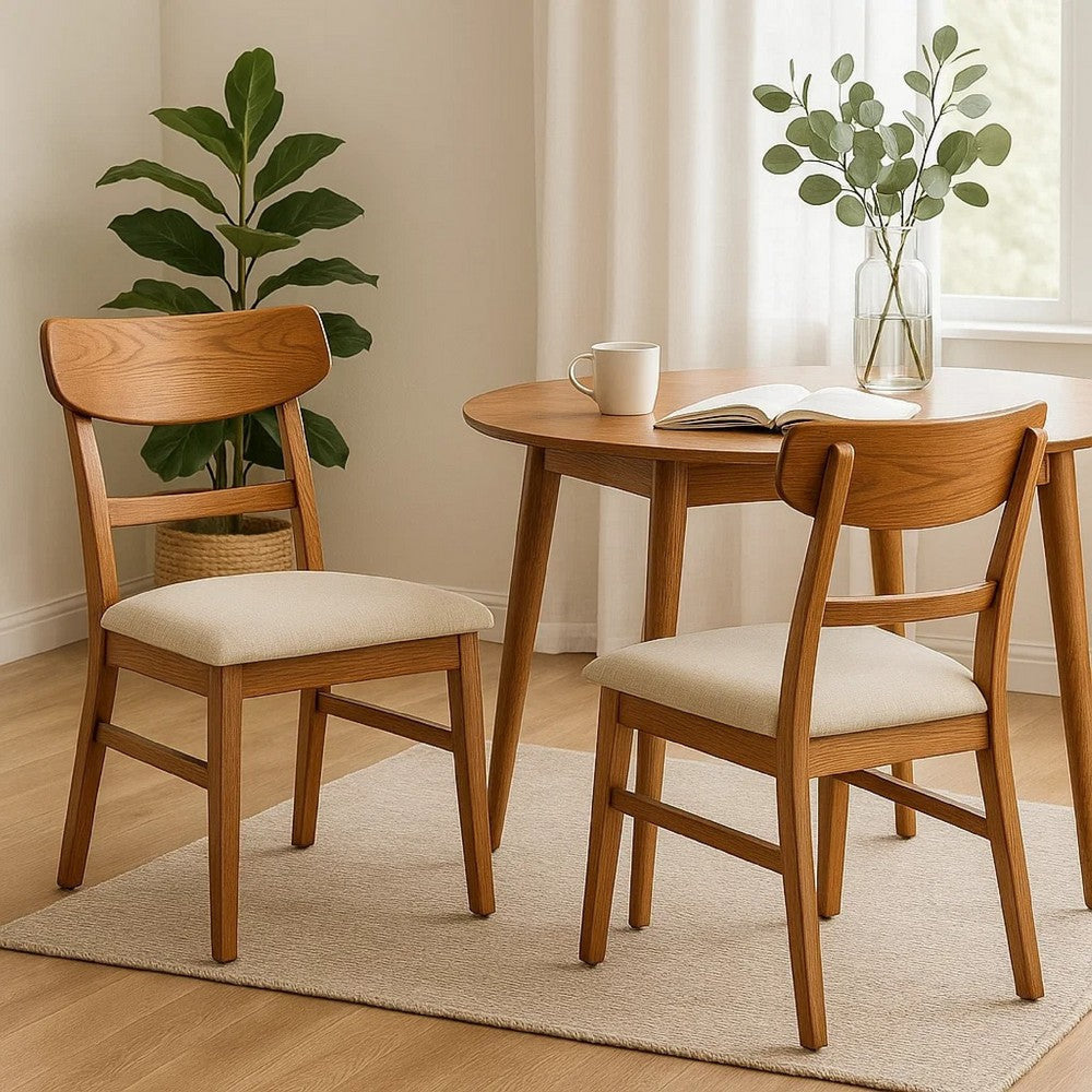 Amy Dining Chair Set of 2 | Curved Back | Beige | Light Brown Solid Wood