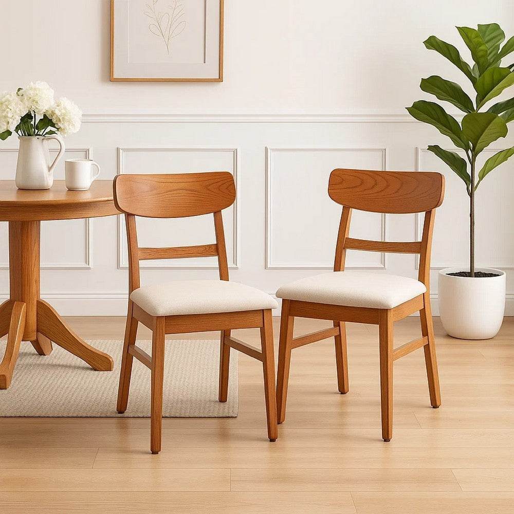 Amy Dining Chair Set of 2 | Curved Back | Beige | Light Brown Solid Wood