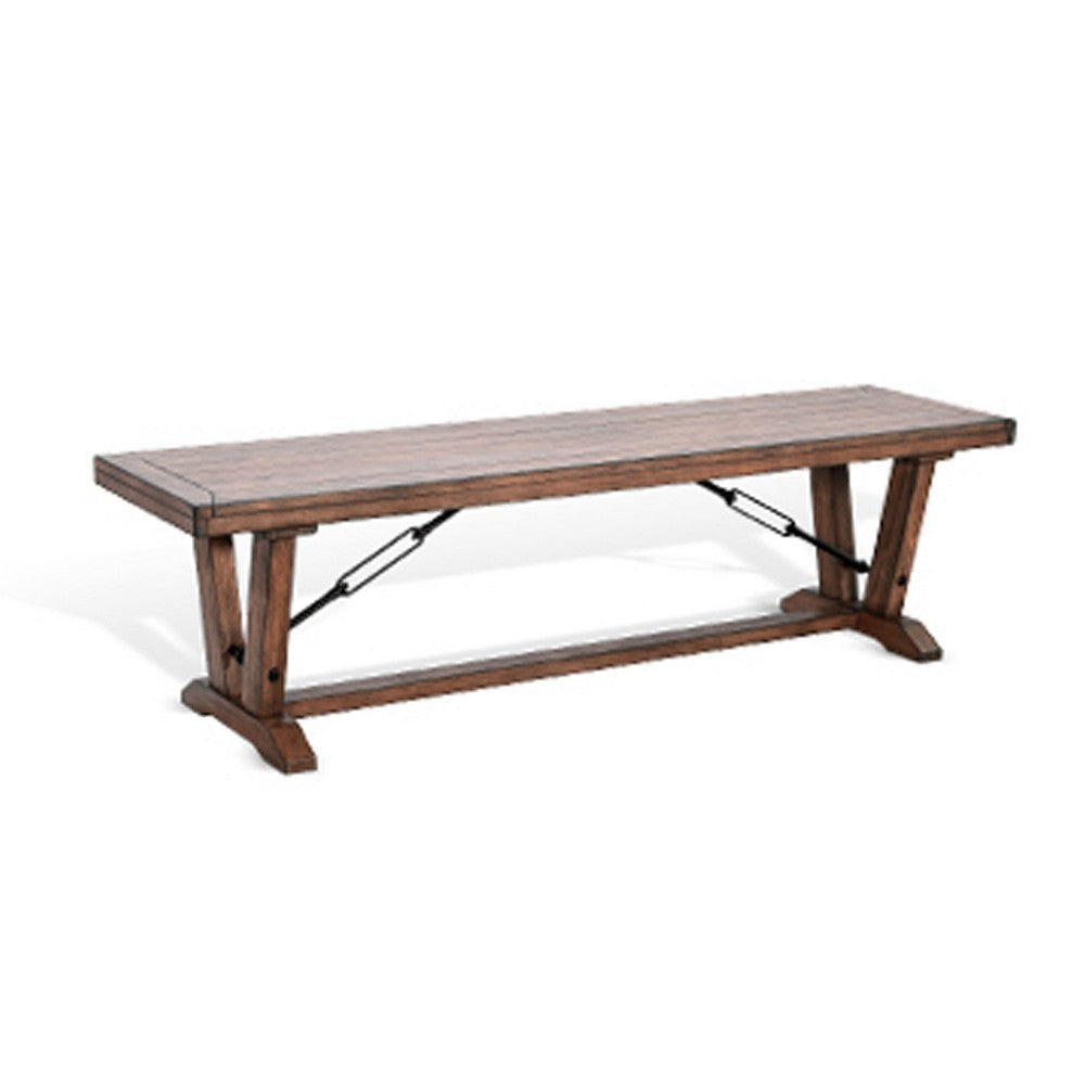 Yael Industrial Bench | Trestle Base | 70" Rustic Brown Solid Wood
