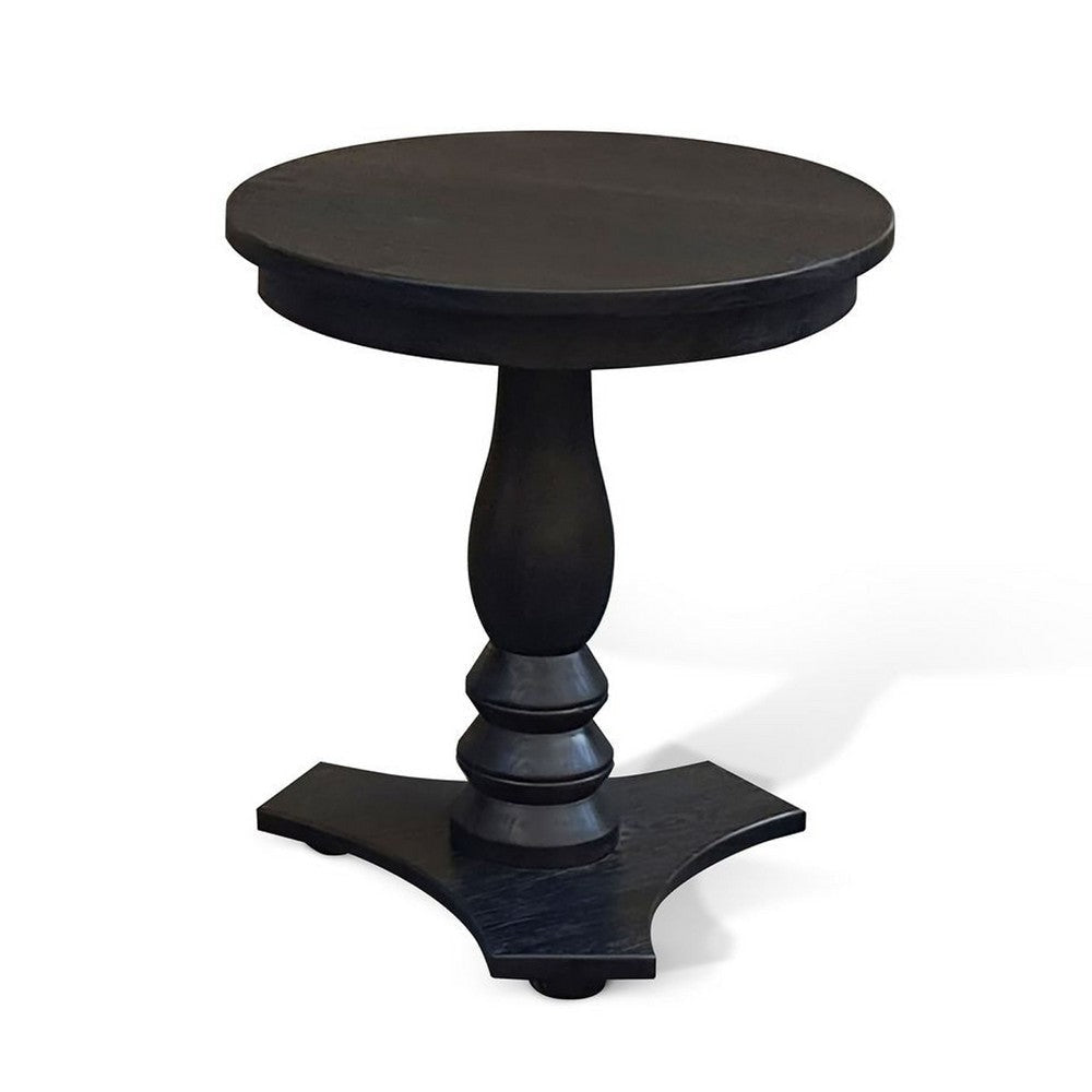 Meni Accent Table | 22’’ Round Top | Carved Pedestal | Black Solid Wood BM340401