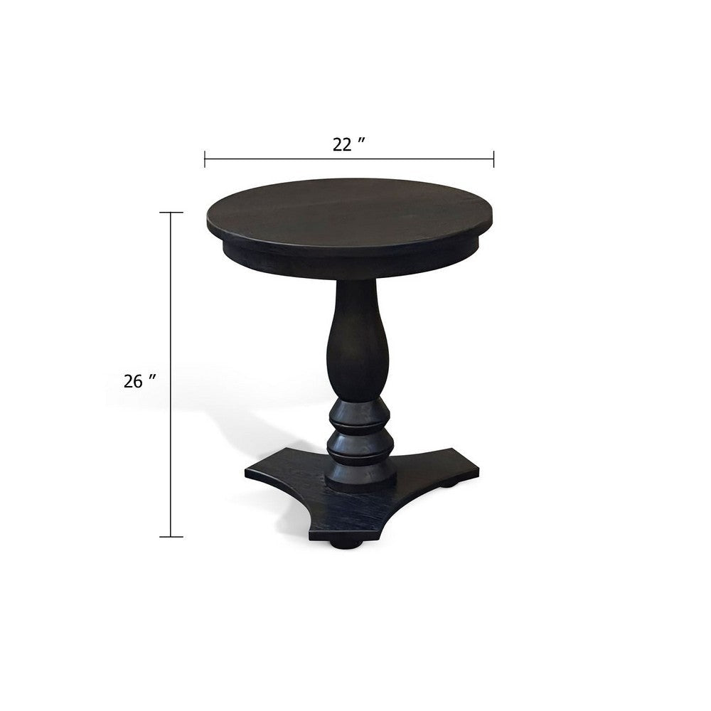 Meni Accent Table | 22’’ Round Top | Carved Pedestal | Black Solid Wood BM340401