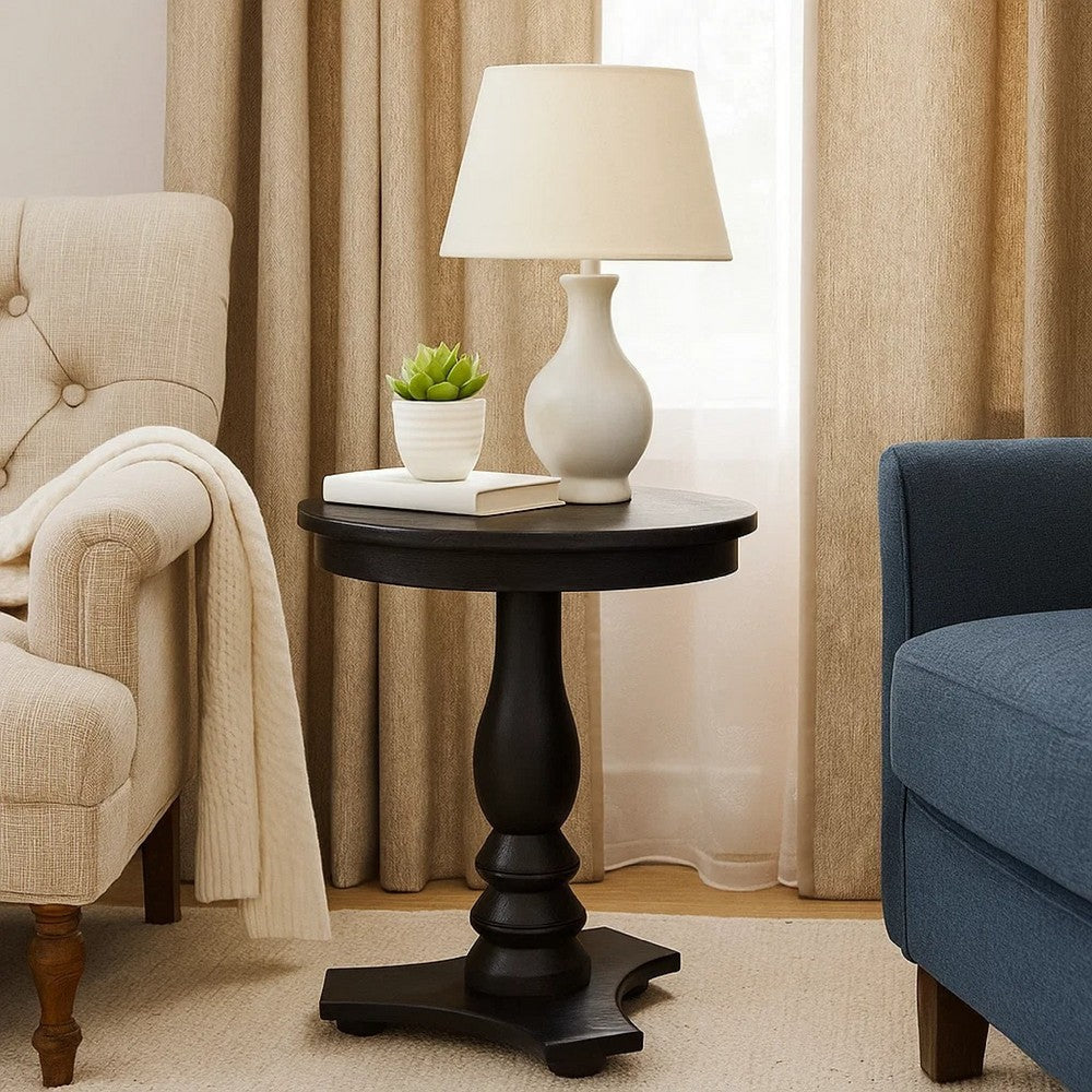 Meni Accent Table | 22" Round Top | Carved Pedestal | Black Solid Wood