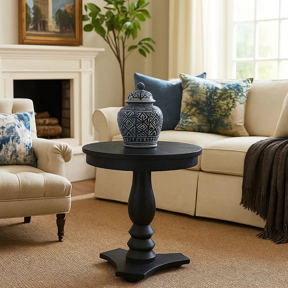 Meni Accent Table | 22" Round Top | Carved Pedestal | Black Solid Wood