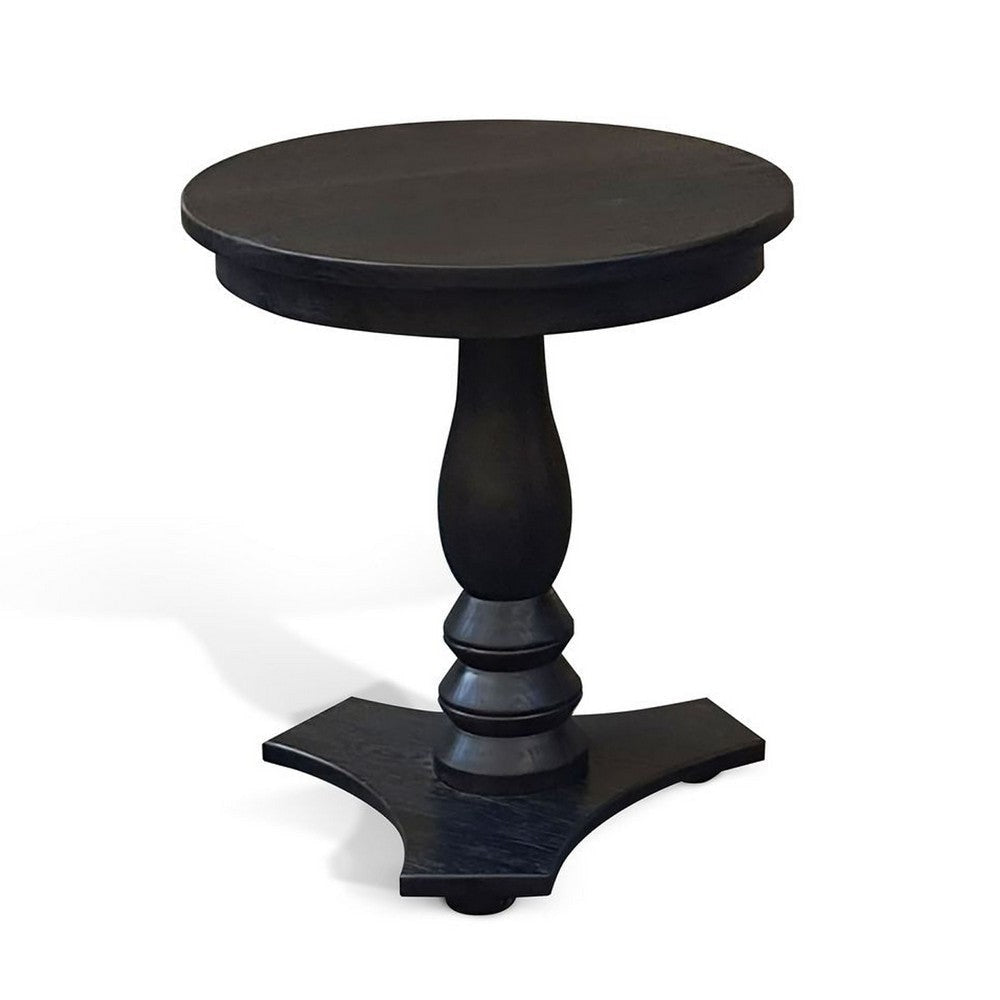 Meni Accent Table | 22" Round Top | Carved Pedestal | Black Solid Wood