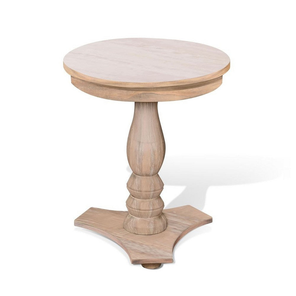 Meni Accent Table | 22’’ Round | Carved Base | Solid Wood Natural Brown BM340402