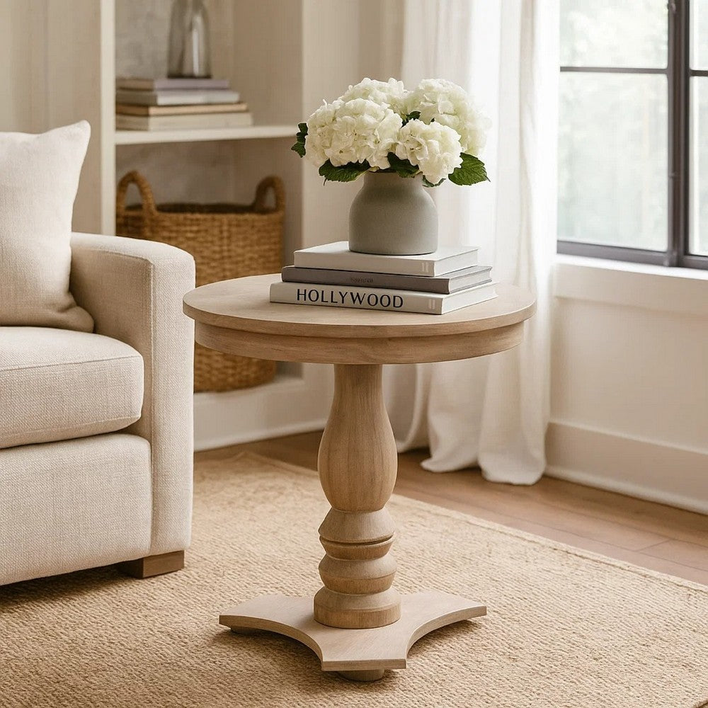 Meni Accent Table | 22" Round | Carved Base | Solid Wood Natural Brown