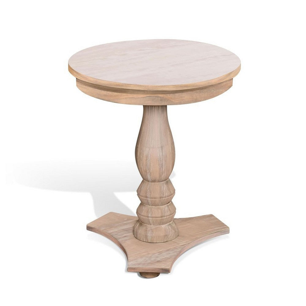Meni Accent Table | 22" Round | Carved Base | Solid Wood Natural Brown