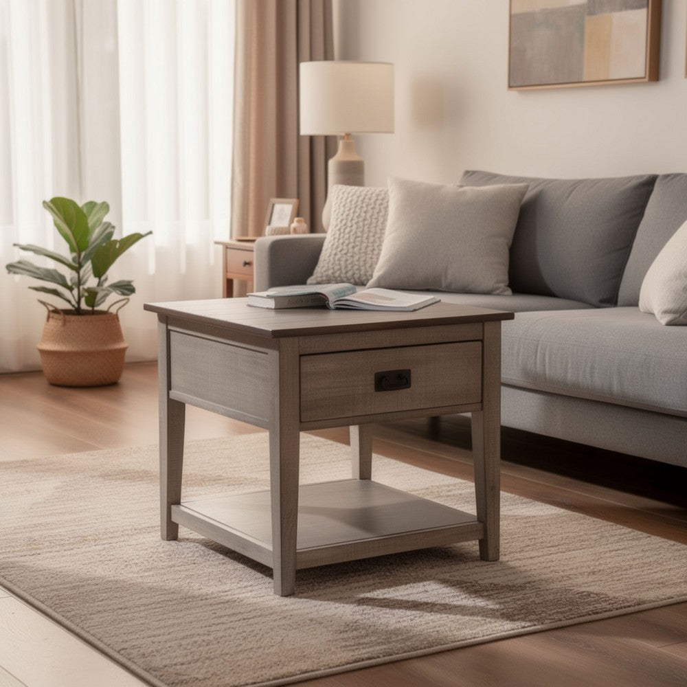 Camie Side End Table | 24" Top w 1 Drawer | Solid Wood Gray