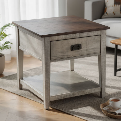 Camie Side End Table | 24" Top w 1 Drawer | Solid Wood Gray