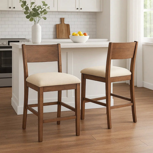 Giby Counter Height Chair Set of 2 | Beige Padded Seat | Solid Wood Brown BM340414