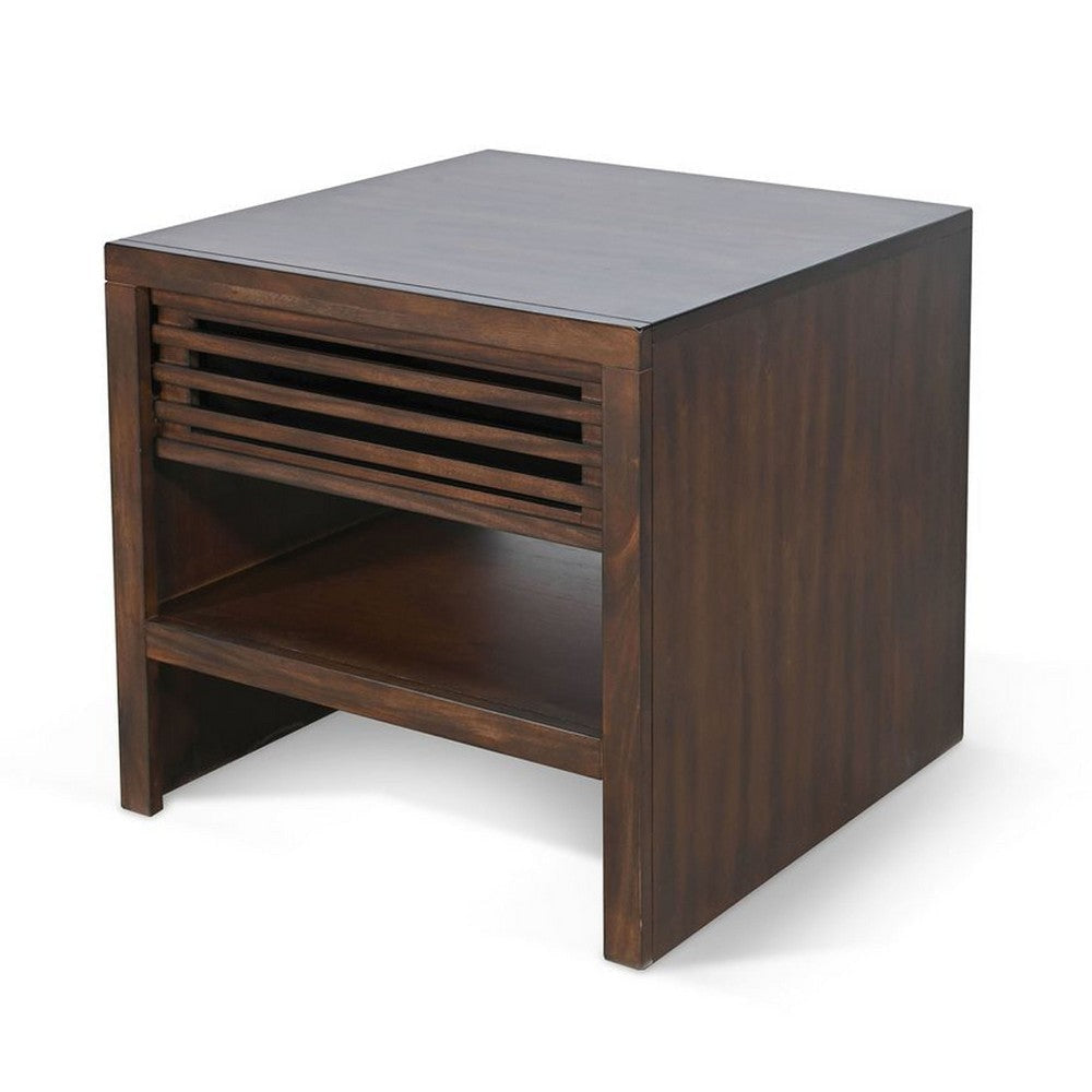 Nero Side End Table | Slatted Drawer | 26’’ Solid Wood Dark Brown BM340415
